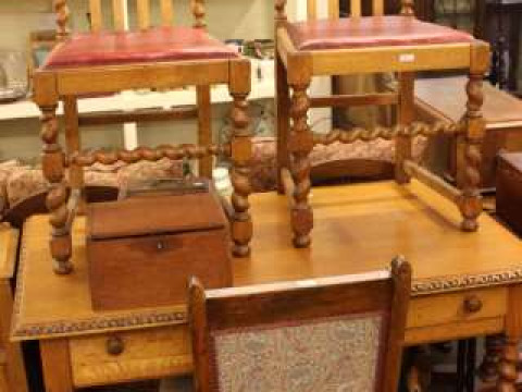 Oak barley twist two drawer side table and three side chairs