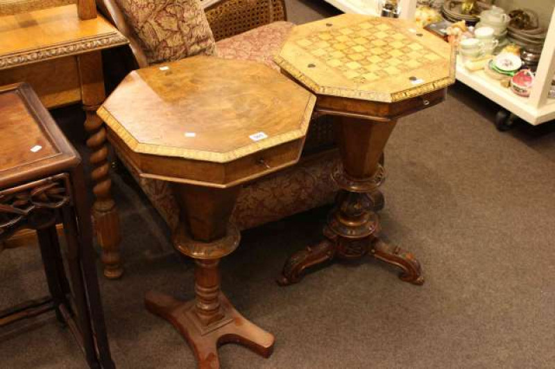 Two Victorian octagonal sewing tables