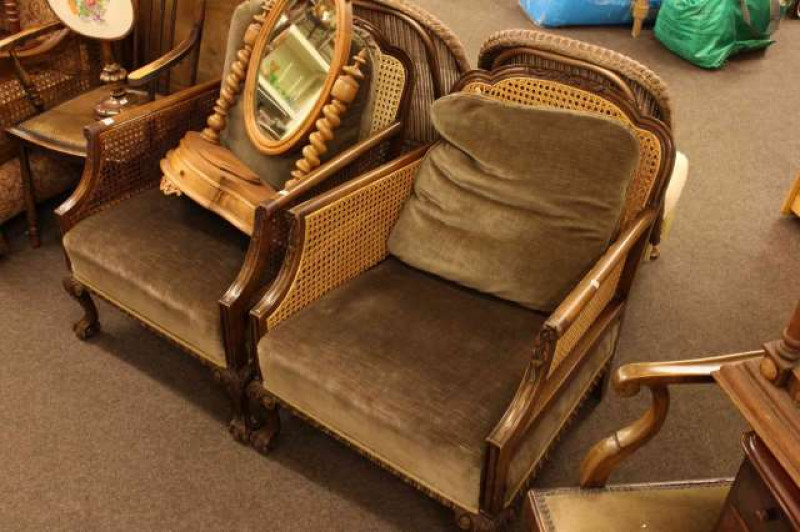 Pair of early 20th Century bergere panelled easy chairs on ball and claw legs