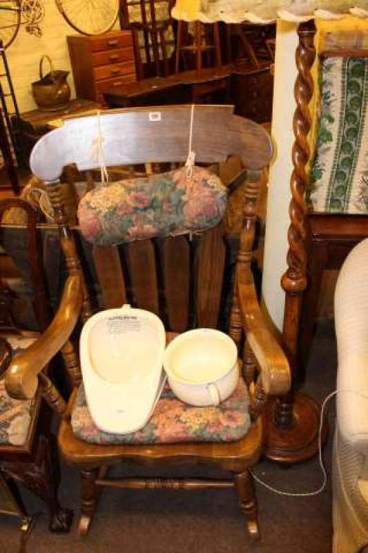 Colonial style rocking chair, oak standard lamp, two shades, slipper pan and chamber