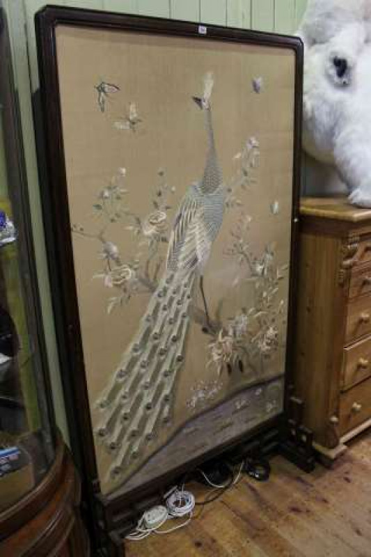 Large peacock and floral decorated silk screen