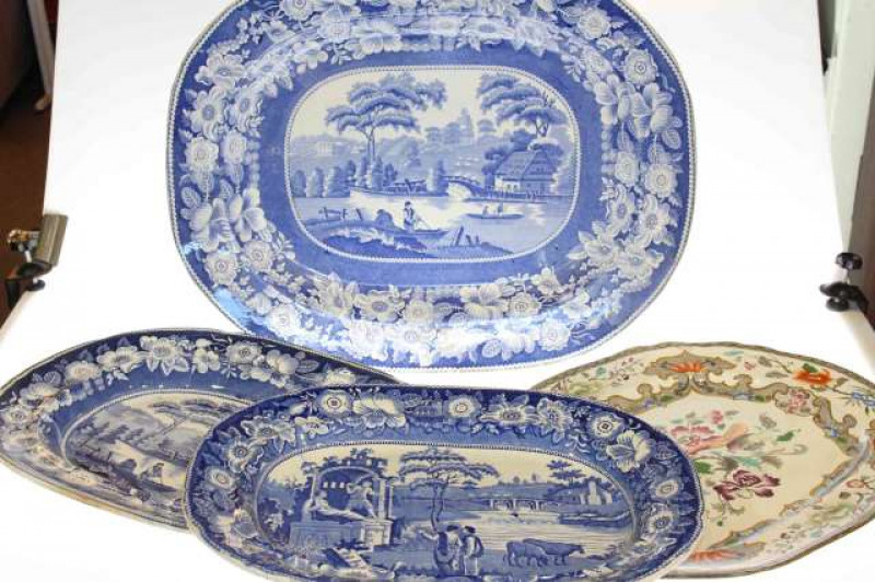 Three large antique blue and white meat plates and coloured plate (4)
