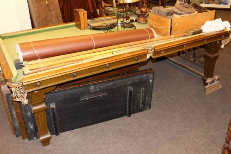 Half size oak snooker-dining table, accessories, quoits, bowls, etc