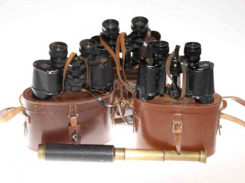 Four drawer brass telescope and three pair of binoculars (4)