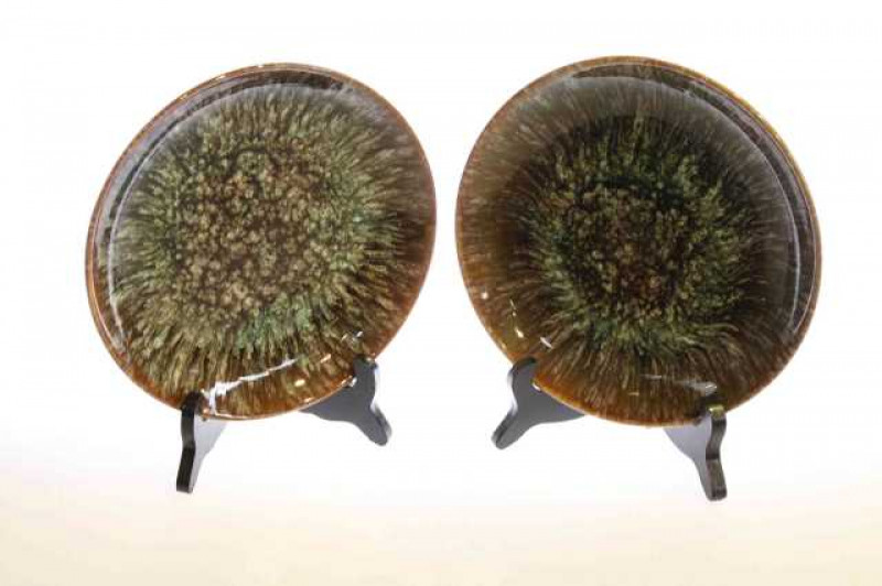 Pair of Linthorpe pottery plates, designed by Christopher Dresser, no. 353