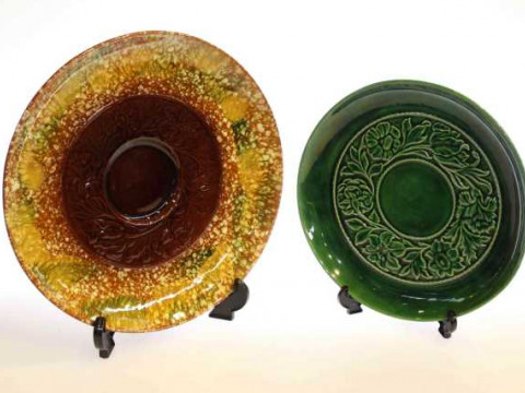 Linthorpe pottery plate, designed by Christopher Dresser, no. 299; and...