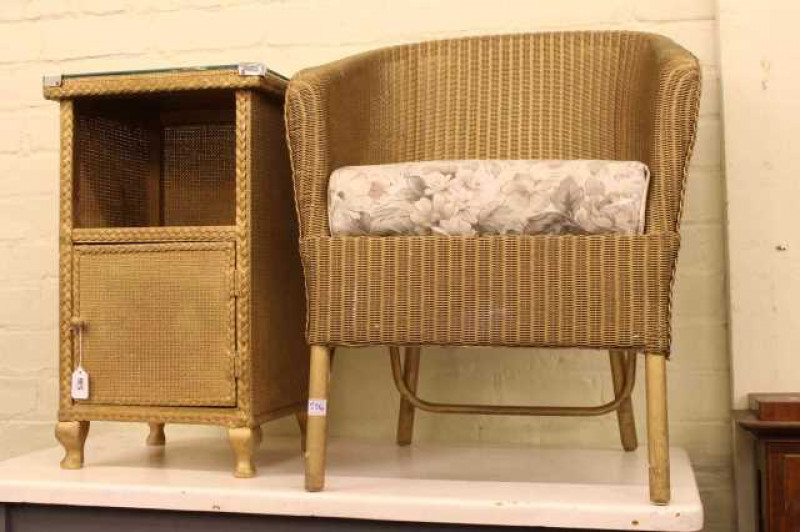 Lloyd Loom bedroom chair, two ottomans, linen bin and pedestal (5)