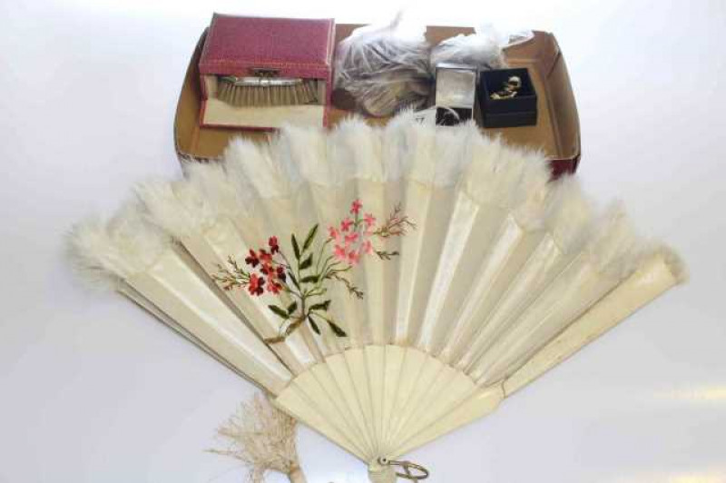 Coins, fan, gold jewellery, silver brush set etc.