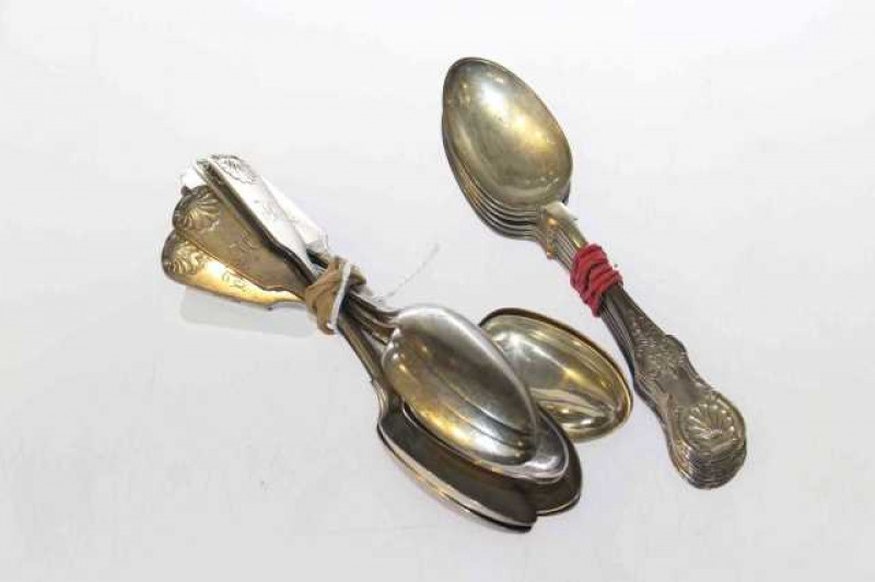 Set of eleven silver teaspoons, Thomas Sewell, Newcastle 1870: a further set of six by the same maker, Newcastle 1874, 12oz