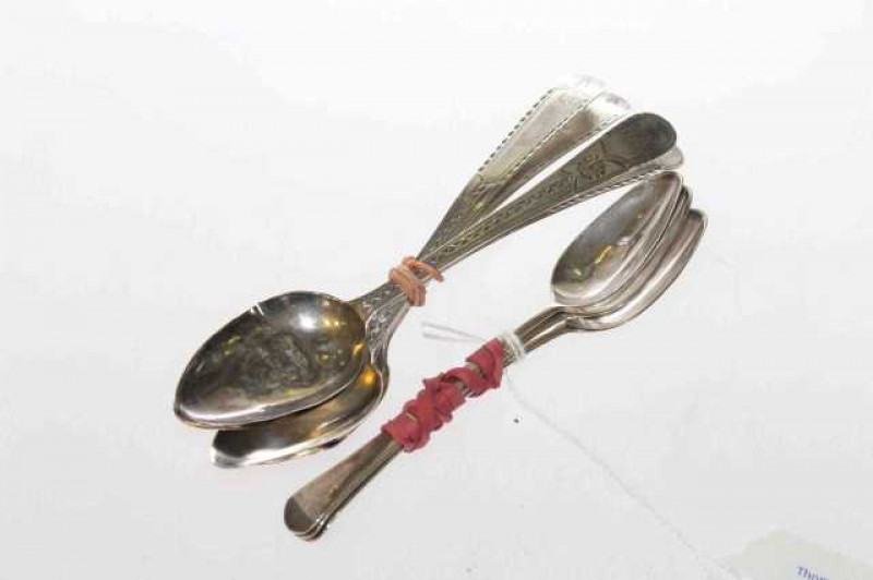 Four Newcastle silver grapefruit spoons and three further spoons, possibly by Abraham Hind (7), 2.6oz gross