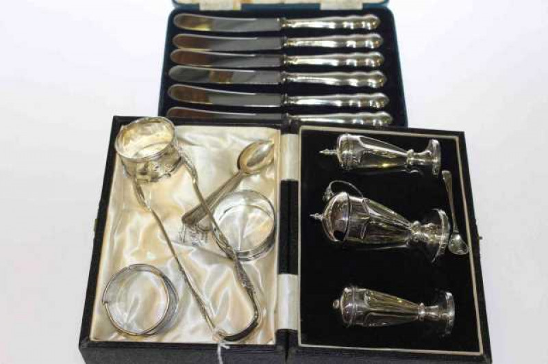 Scottish silver sugar tongs, Glasgow; silver cruet, knives etc.