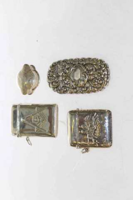 Vesta of horse racing interest, stamped 925; vesta with Masonic emblem, stamped 925; silver-plated vesta and a pill box, stamped 925 (4)