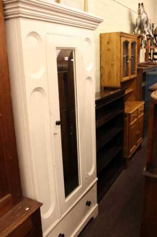 Early 20th Century painted mirror door wardrobe, open bookcase and pine finish glazed door top dresser (3)
