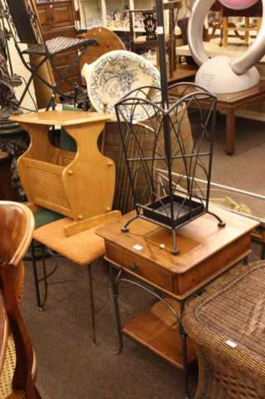 Rattan coffee table, wood and metal lamp table, metal hallstand, two side chairs, magazine table and wall mirror (7)