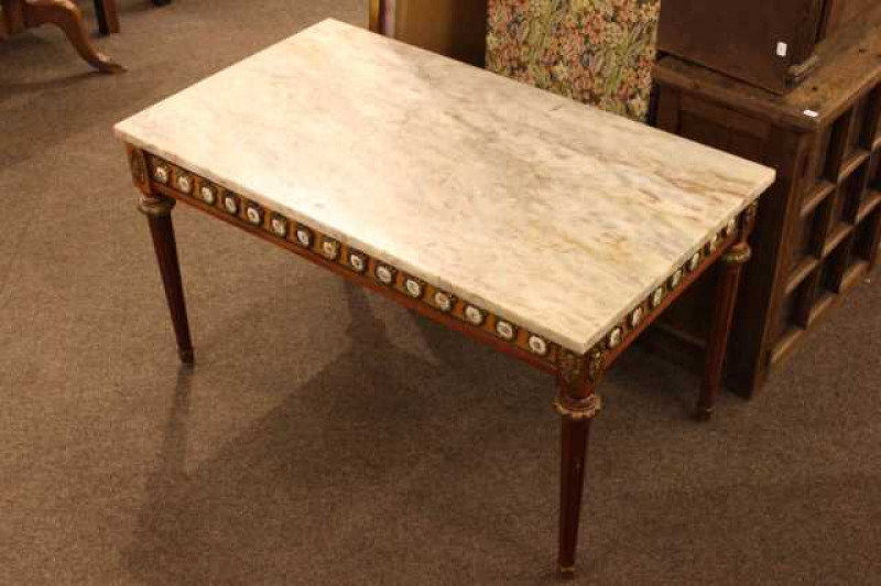 Continental rectangular marble topped coffee table on ormolu mounted base with porcelain panels