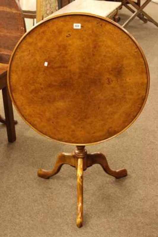 Burr walnut circular snap top occasional table on tripod base