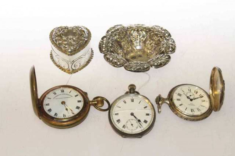 Silver heart-shaped box, pocket watches, etc
