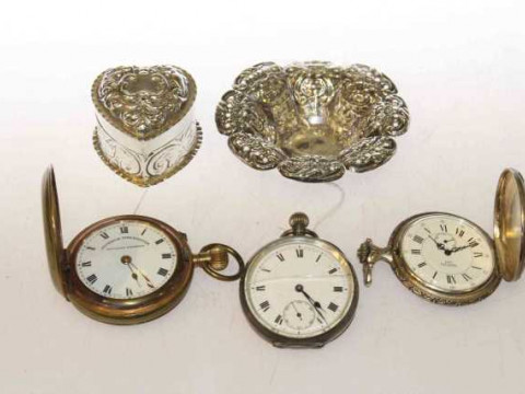 Silver heart-shaped box, pocket watches, etc