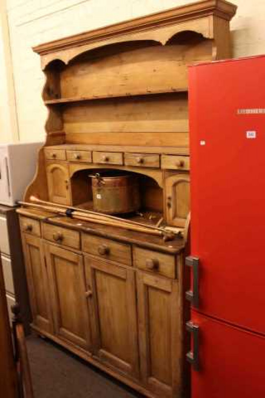 Large pine dresser and brass and iron bedend