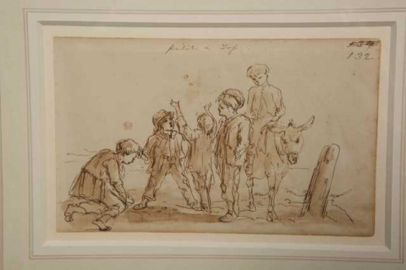 CIRCLE OF EUGENE JOSEPH VERBOECKHOVEN (FLEMISH, 1799-1881), STUDY OF SHEEP IN A LANDSCAPE AND STUDY OF PEASANT CHILDREN AND DONKEY VERSO, indistinctly inscribed, brown pen and ink, framed. 9.5cm by 15.5cm