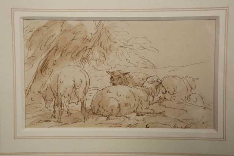 CIRCLE OF EUGENE JOSEPH VERBOECKHOVEN (FLEMISH, 1799-1881), STUDY OF SHEEP IN A LANDSCAPE AND STUDY OF PEASANT CHILDREN AND DONKEY VERSO, indistinctly inscribed, brown pen and ink, framed. 9.5cm by 15.5cm