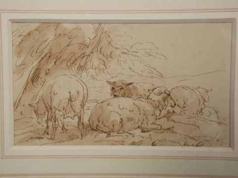 CIRCLE OF EUGENE JOSEPH VERBOECKHOVEN (FLEMISH, 1799-1881), STUDY OF SHEEP IN A LANDSCAPE AND STUDY OF PEASANT CHILDREN AND DONKEY VERSO, indistinctly inscribed, brown pen and ink, framed. 9.5cm by 15.5cm thumbnail