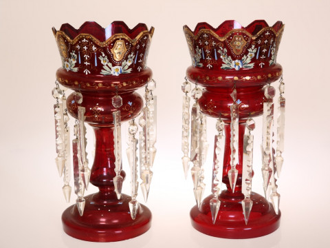 A PAIR OF 19TH CENTURY RUBY GLASS TABLE LUSTRES, each with crown top and...