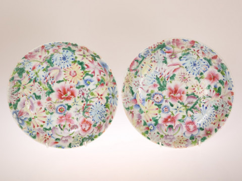 A PAIR OF CHINESE FAMILLE ROSE MILLEFIORE PORCELAIN DISHES, on a white...