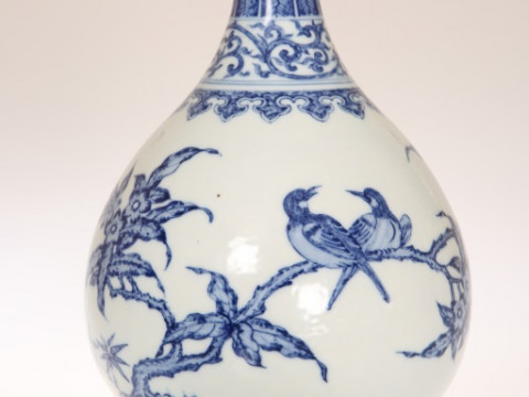 A MING STYLE 'BIRD AND FLOWER' YUHUCHUNPING VASE, blue painted with birds...