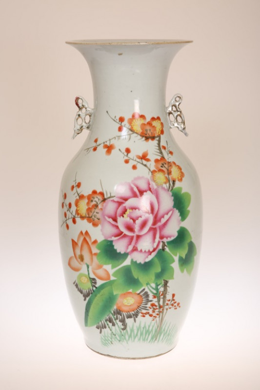A CHINESE PORCELAIN BALUSTER VASE, POSSIBLY REPUBLIC PERIOD, with pierced gilt handles, painted with peonies and lotus, the reverse with calligraphy. 43.5cm