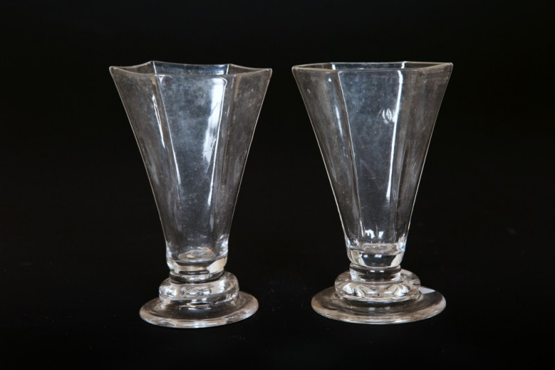 A PAIR OF 18th CENTURY JELLY GLASSES, of tapering hexagonal form, on a stepped circular foot. 9.75cm