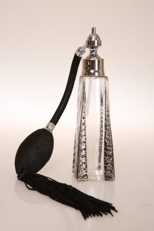 A LALIQUE 'ORIGAN' ATOMISER, made for D'Heraud, heightened with black staining, moulded mark R LALIQUE PARIS FRANCE. 14.5cm