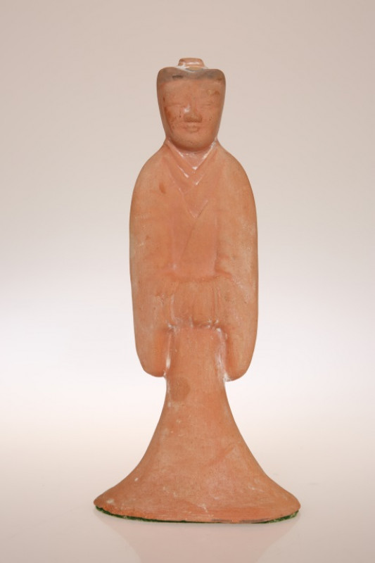 A CHINESE BLUE AND WHITE JAR, of ovoid form, 18.5cm; together with A CHINESE SLEEVE VASE, decorated with iron red, 28cm; and A CHINESE TERRACOTTA FIGURE, 25cm. (3)