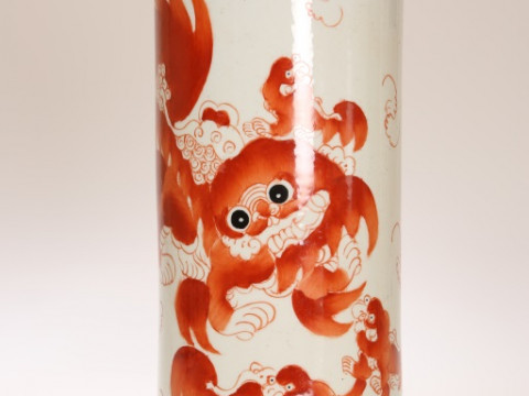 A CHINESE BLUE AND WHITE JAR, of ovoid form, 18.5cm; together with A CHINESE SLEEVE VASE, decorated with iron red, 28cm; and A CHINESE TERRACOTTA FIGURE, 25cm. (3) thumbnail