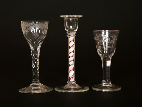 AN ETCHED GLASS WINE, late 18th Century, the bowl decorated with a bird...