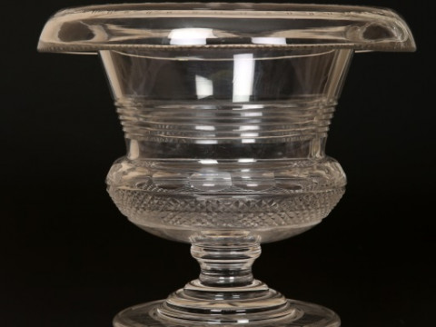 A LARGE 19TH CENTURY PEDESTAL GLASS VASE with hatched and etched decoration...