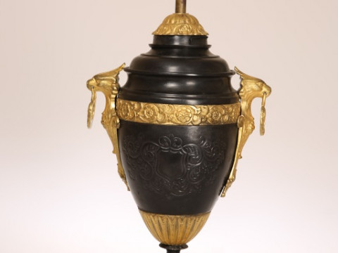 A 19th CENTURY PARCEL GILT METAL LAMP BASE, originally for an oil lamp,...
