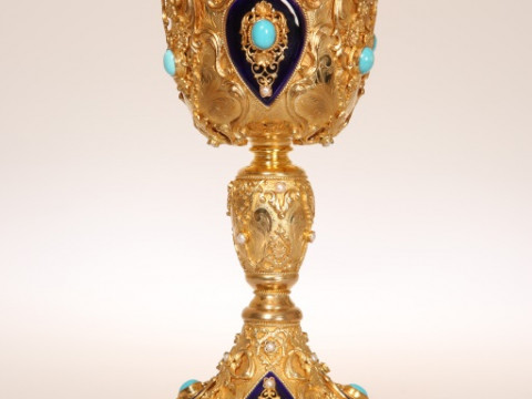 A FINE HUNGARIAN SILVER-GILT, ENAMEL AND TURQUOISE CHALICE, second half...