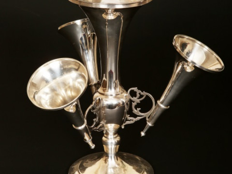 A GEORGE V SILVER EPERGNE, BIRMINGHAM 1911, the central trumpet with baluster...