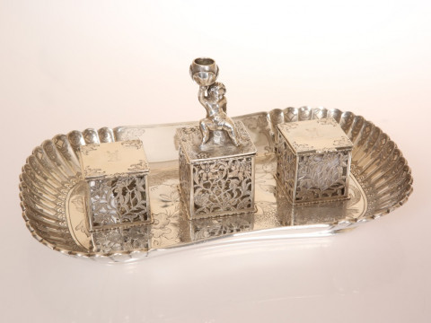 A HANDSOME VICTORIAN SILVER INKSTAND, CHARLES THOMAS FOX & GEORGE FOX,...