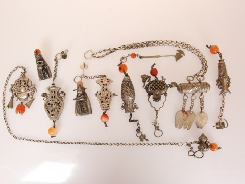 A GROUP OF CHINESE WHITE METAL JEWELLERY/CHATELAINE ACCOUTREMENTS, c....