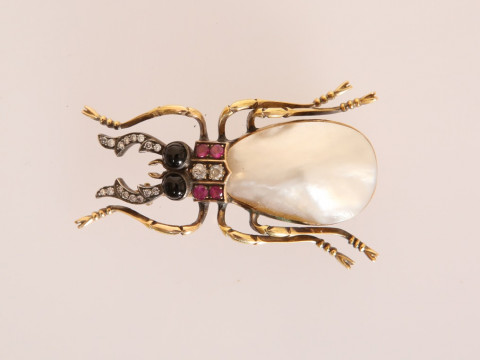A BAROQUE PEARL, RUBY AND DIAMOND INSECT BROOCH, circa 1900, the large...