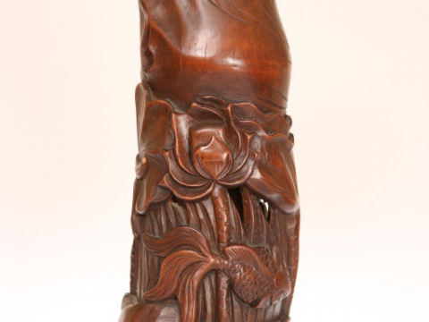 A LARGE CHINESE BAMBOO BRUSH POT, carved in relief with carp and lotus....