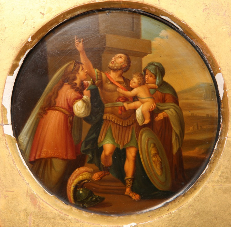 MANNER OF ANGELICA KAUFFMAN, HECTOR'S FAREWELL TO ANDROMACHE, roundel, inscribed in German verso, framed. Diameter 9cm