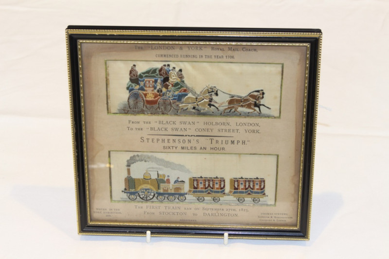 DARLINGTON & STOCKTON RAILWAY INTEREST TWO STEVENGRAPHS, by Thomas Stevens, 'Stephenson's Triumph' and 'The London & York Royal Mail Coach', in original mount and framed. Overall 20cm by 21cm