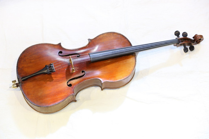 A FRENCH CELLO, with two-piece maple back, and ebony turning pegs, in a modern fitted case. Length of back 77cm