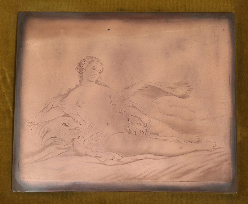 A PAIR OF PRINTER'S COPPER ENGRAVING PLATES OF FEMALE NUDES AFTER BOUCHER, mounted and framed. Plates 21cm by 25cm