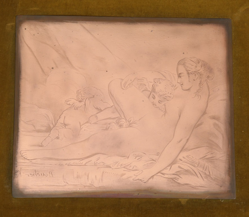 A PAIR OF PRINTER'S COPPER ENGRAVING PLATES OF FEMALE NUDES AFTER BOUCHER, mounted and framed. Plates 21cm by 25cm