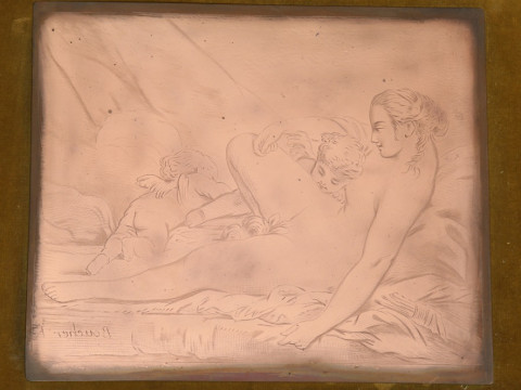 A PAIR OF PRINTER'S COPPER ENGRAVING PLATES OF FEMALE NUDES AFTER BOUCHER, mounted and framed. Plates 21cm by 25cm thumbnail