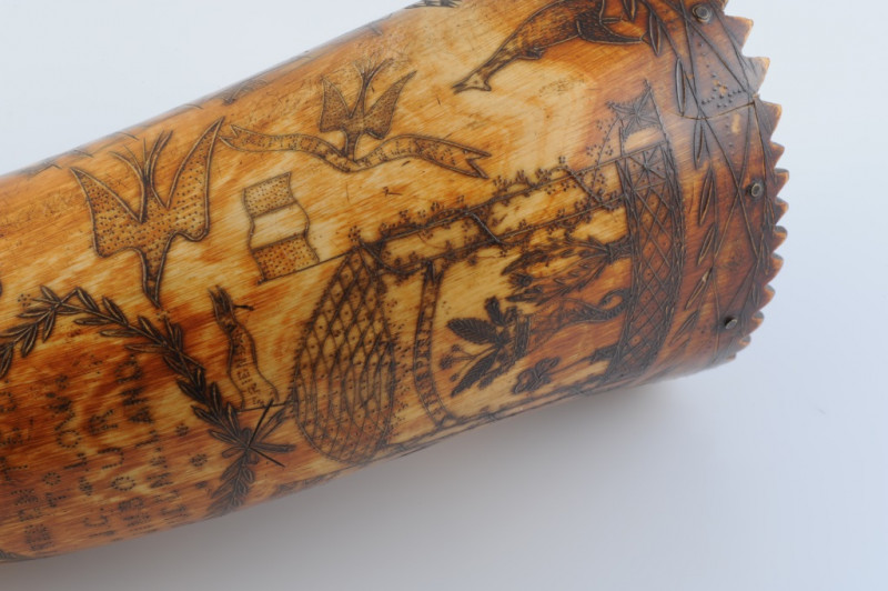 AN AUSTRALIAN POWDER HORN, with scrimshaw decoration of a ship in full sail, opposed by an inscription 'Presented to J. C. Low.....Jimbour, Queensland 1862' in a cartouche amidst birds and flags, inscribed with makers name Colvin or Corvin?. Length 33cm